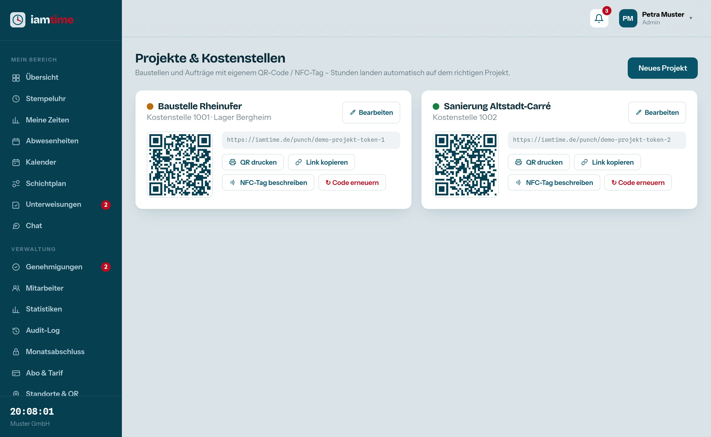 Projekte und Kostenstellen mit QR-Codes je Baustelle