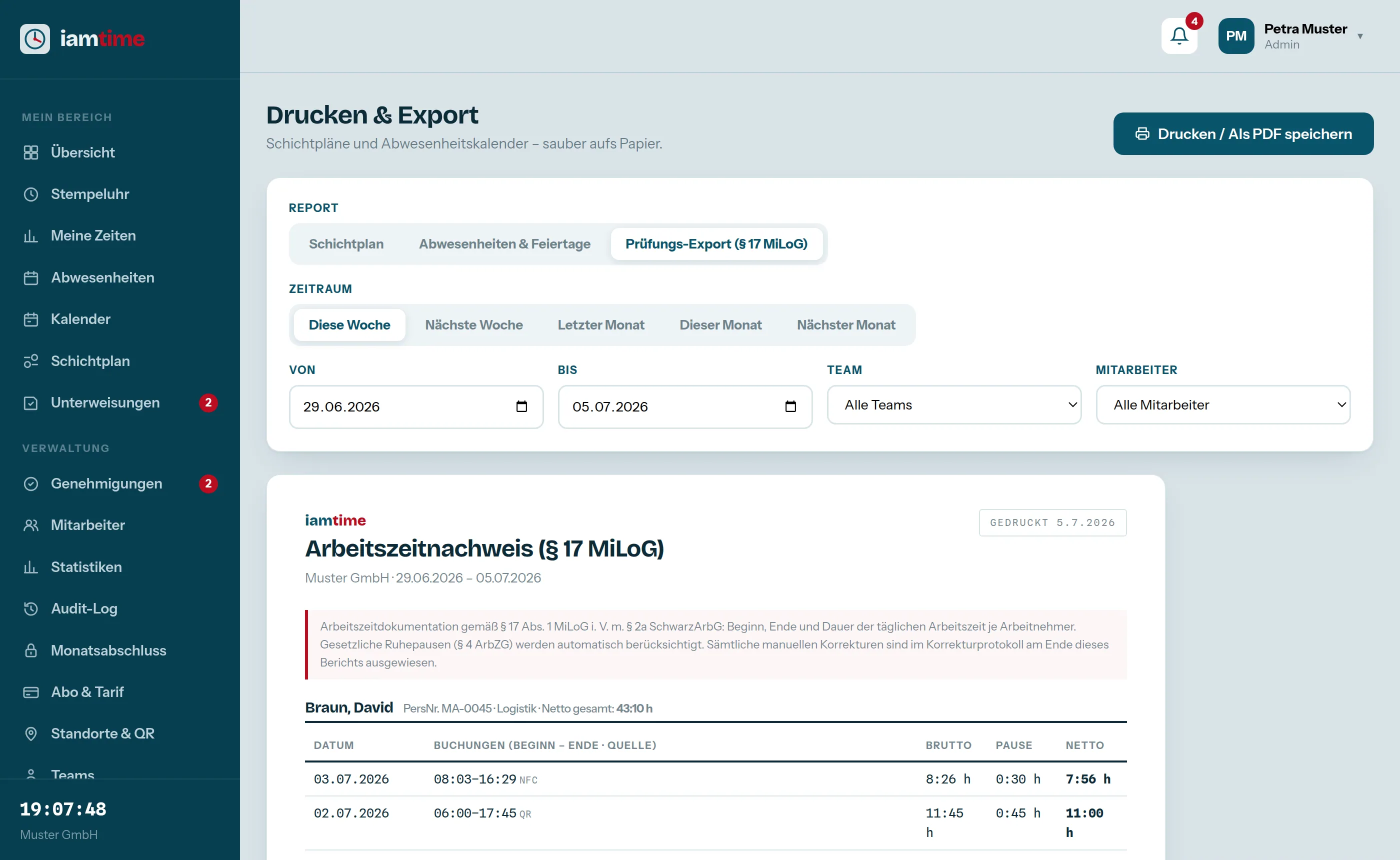 Prüfungs-Export nach § 17 MiLoG