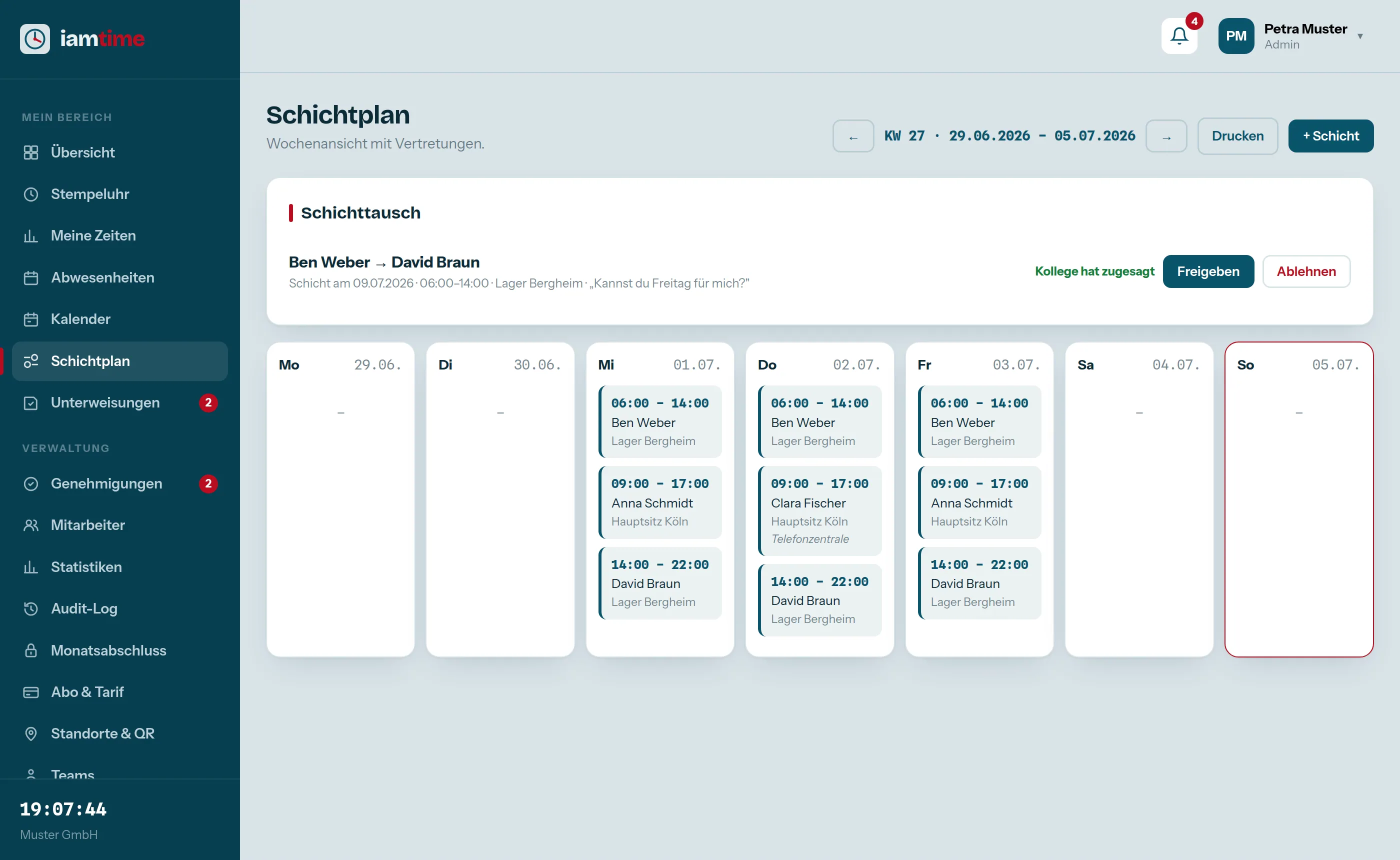Schichtplan mit Tausch-Anfragen und Vertretungen